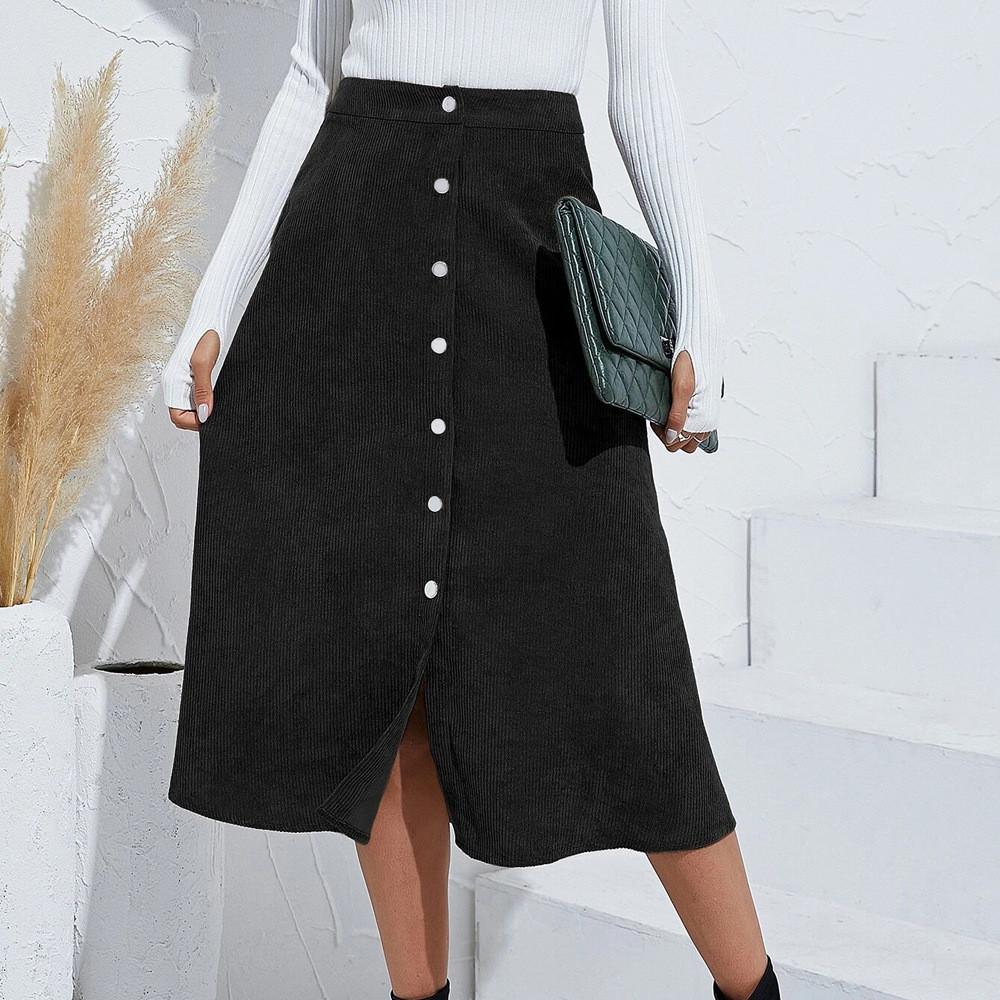 Corduroy High Waist Midi Skirt With Button Closure For Office And Fall Season