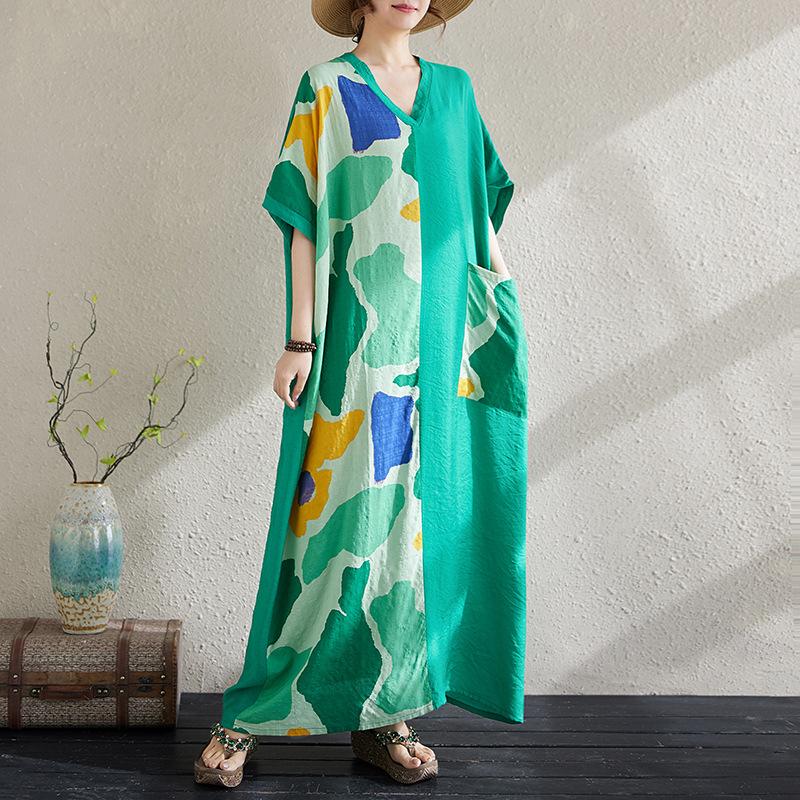 Sommer Fett Mm Dünn Baumwolle Leinen Schlankmachend V-Ausschnitt Kurzarm Kontrastierende Spleißung Mittellanges Kleid für Damen Kleider