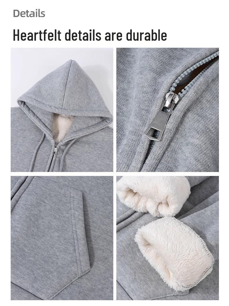 Women's Grey Fur Collar Fleece-Lined Hoodie, Korean Style, Small Size, 2025 Autumn/Winter Collection.
