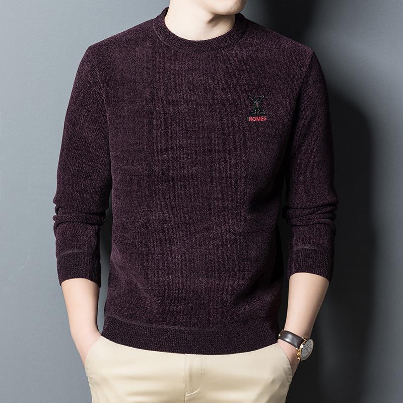 Autumn and Winter Chenille Sweater Men's Round Neck Plus Velvet Thick Chenille Men's Sweater Bottoming Shirt