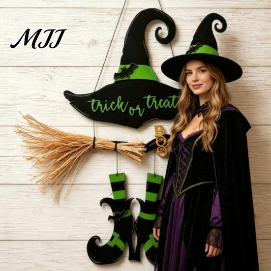 Hanging Wall Decor Halloween Witch Hat Boot Sign, Trick or Treat Decoration Wooden Sign for Home Room, Front Door Hanger Holiday