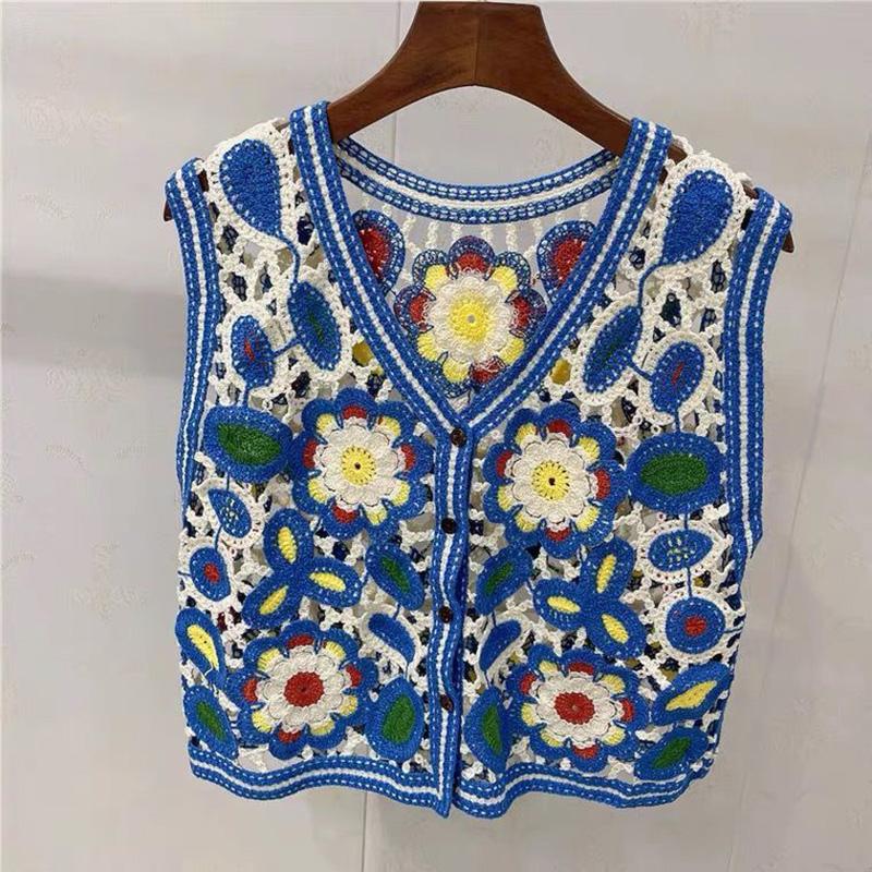 

Женский жилет без рукавов с цветочной вышивкой и полым дизайном в стиле ретро с v-образным вырезом на весну и лето One Size синий