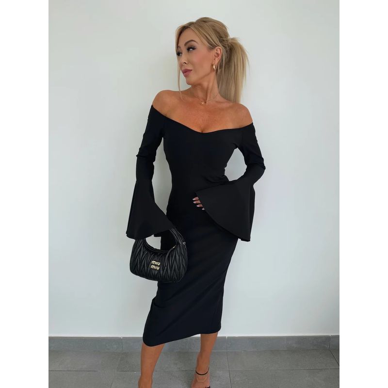 Sexy French style off-Shoulder Spring and Autumn Solid off-Shoulder Collar Slim fit Sheath Bell Sleeve Dress Women