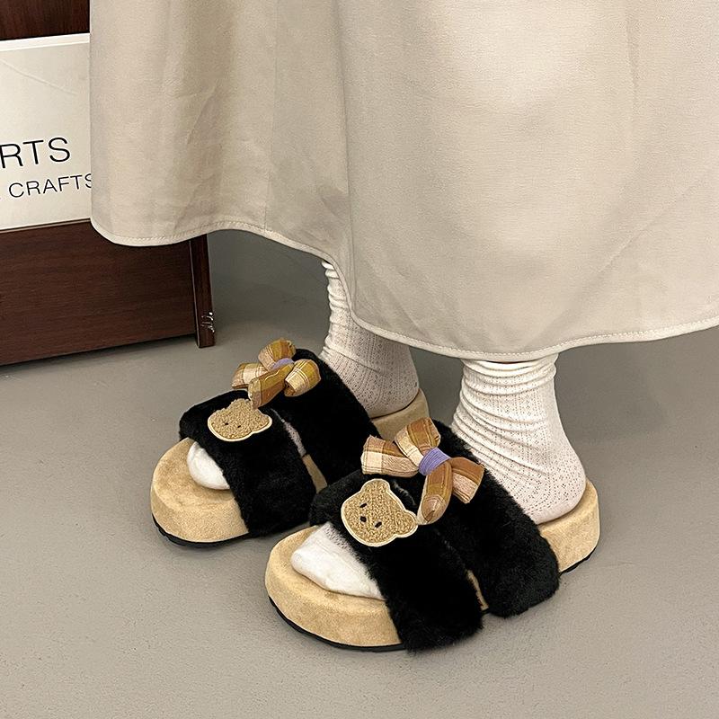French fairy style sub-bow fluffy shoes female 2025 autumn and winter new outer wear advanced sense warm cotton drag female