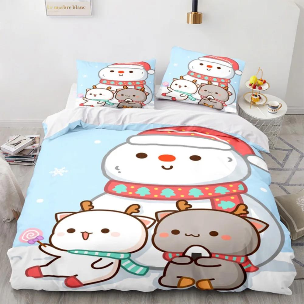 Cartoon Lovely Peach Cat Bedding Set Boys Girls Twin Queen Size Duvet Cover Pillowcase Bed Kids Adult Fashion Home Textileextile