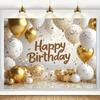 2D White Gold Balloon Happy Birthday Backdrop for Adult Birthday Party