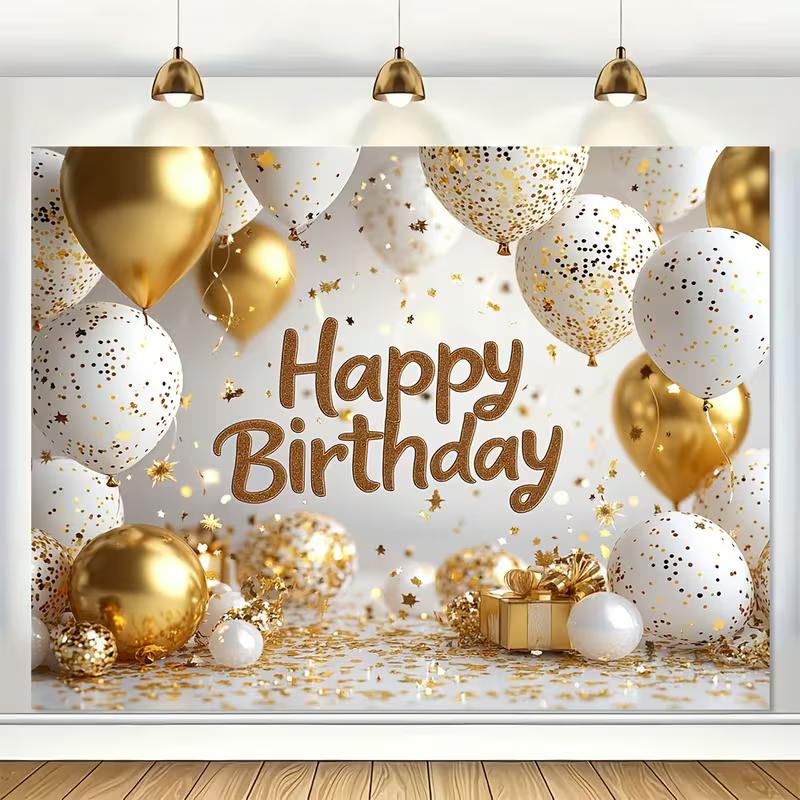 2D White Gold Balloon Happy Birthday Backdrop for Adult Birthday Party