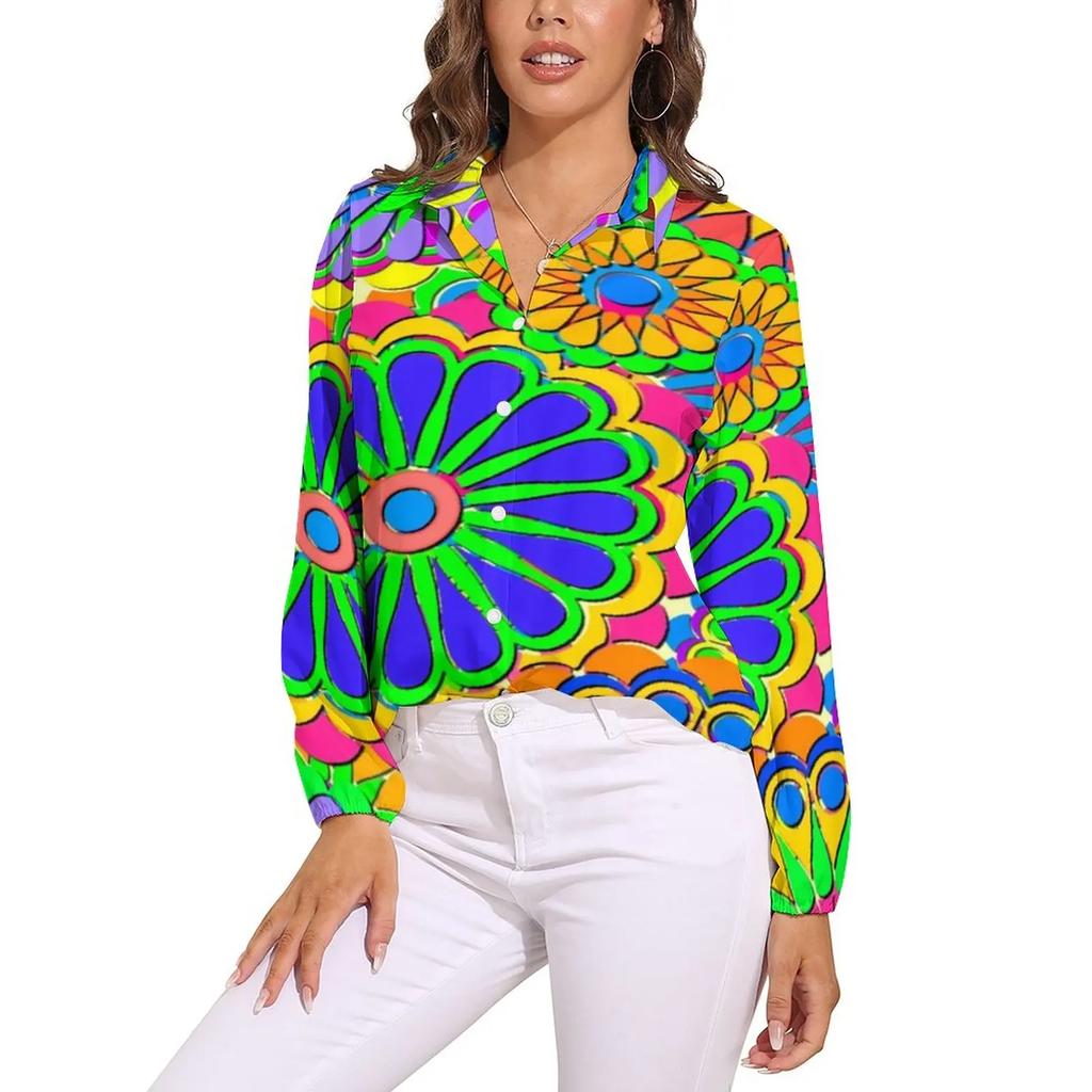 Helle Flower Power Bluse Retro Hippie Blumen Trendige Bedruckte Blusen Damen Langarm Freizeithemden Frühling Übergroße Kleidung