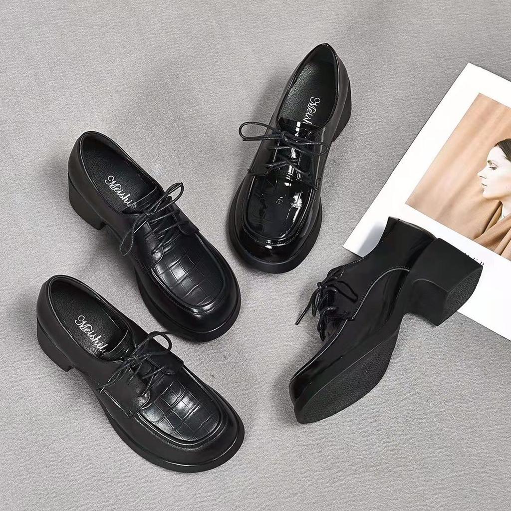Black Small Leather Shoes Women's Work Dress High Heel Lace-up Professional Women's Shoes Thick Heel Single Shoes Autumn and Winter Work Shoes Tooling