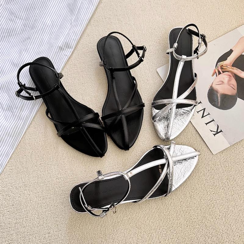 Roman Sandals Women's 2025 Summer New Low-heeled Pointed French Silver Temperament with Skirt Fashionable Cross-strap