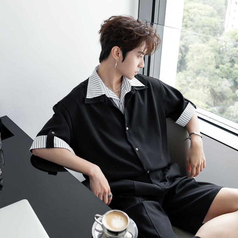 

Men s Striped Contrast Trim Roll Tab Sleeve Button Down Shirt Casual Streetwear Top S чёрный
