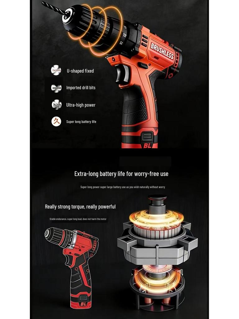 Rechargeable Lithium Battery Electric Drill and Screwdriver Set for Household and Concrete Drilling.