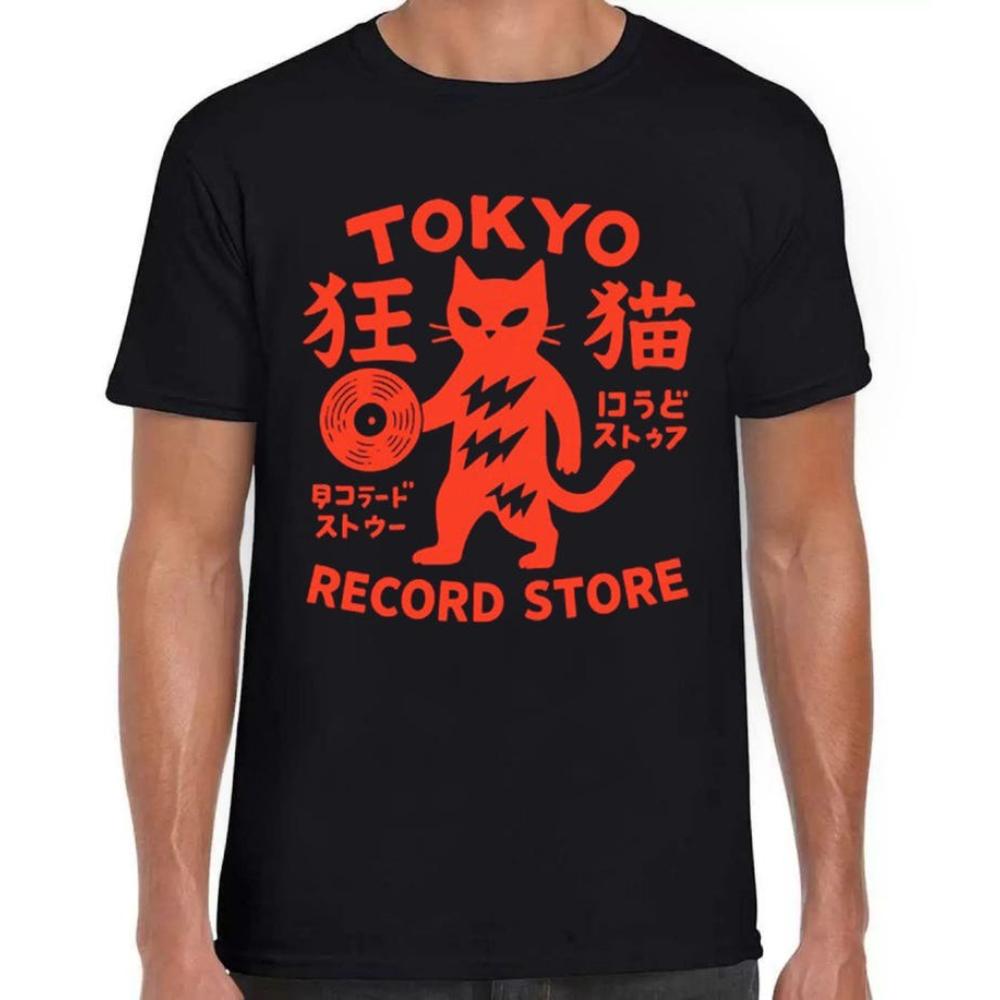 

Tokyo Record Store Cat Vinyl Record Player Rock Dj Band Japanese Drawing Art Printed Tshirt Woman Man Harajuku Cotton Shirts S
