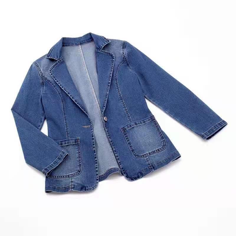 Dameslimfit denimjakke, dresskrage, ensfarget, cardigan med én knapp - trendy vår og høst
