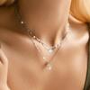 Star Moon Silvery Double Layer Necklace Multi-Layer Fashion Collarbone Chain Women's Jewelry Gift Perfect Accessory for Ramadan