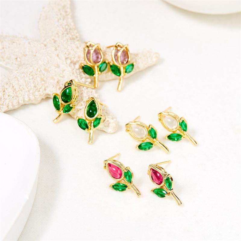 Romantic Tulip Flower Stud Earrings For Women Copper Glass Spring Jewelry