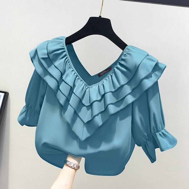 

ZANZEA Женская повседневная блузка с V-образным вырезом и рукавами 3/4 с оборками 2XL