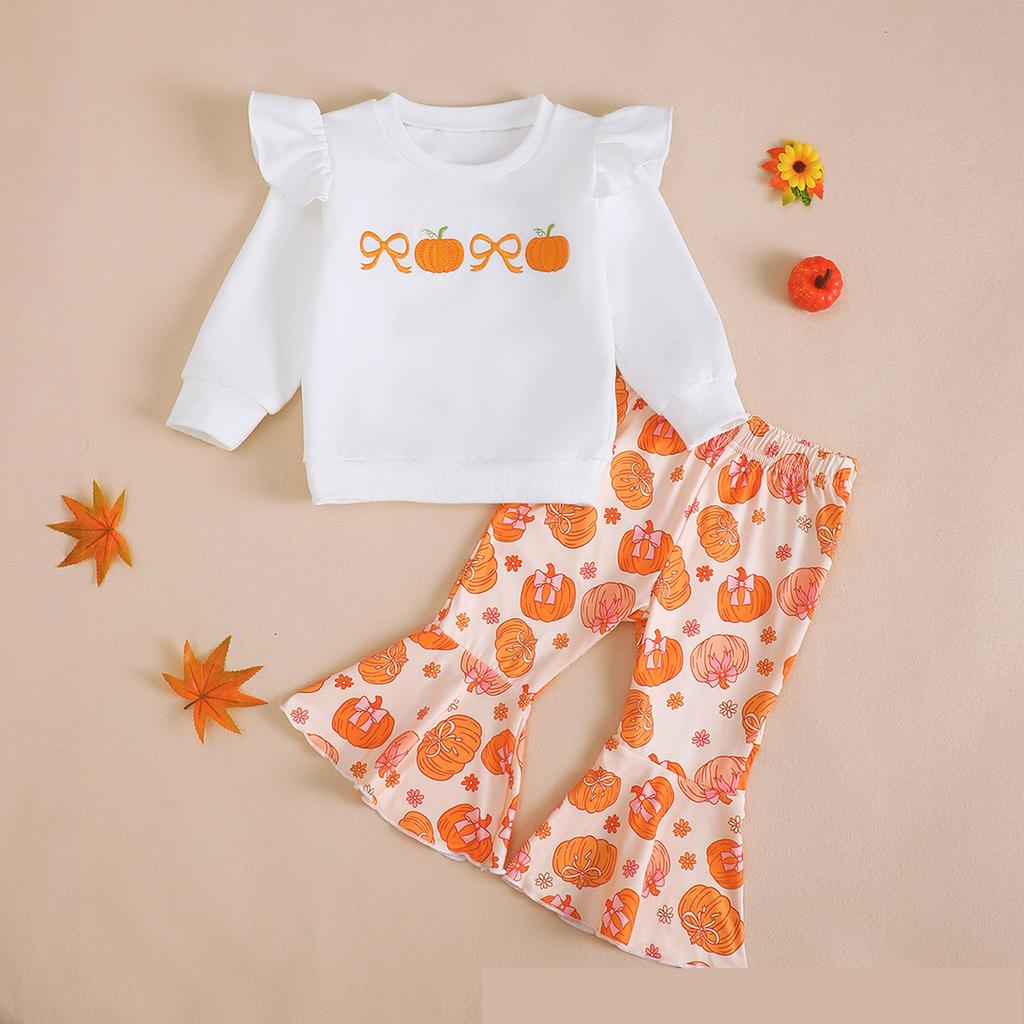 Kleinkind Mädchen Halloween Kürbis Stickerei Langarm Rundhals Pullover Sweatshirt und Elastische Taille Ausgestellte Hose Set