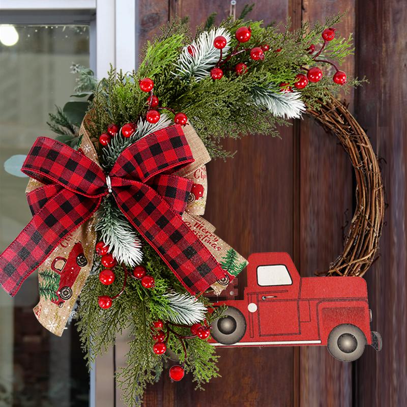 38CM Christmas Door Wreath Garland Wooden Car Red Berry Wall Hanging Ornament Merry Christmas Decoration for Home  New Year 2025
