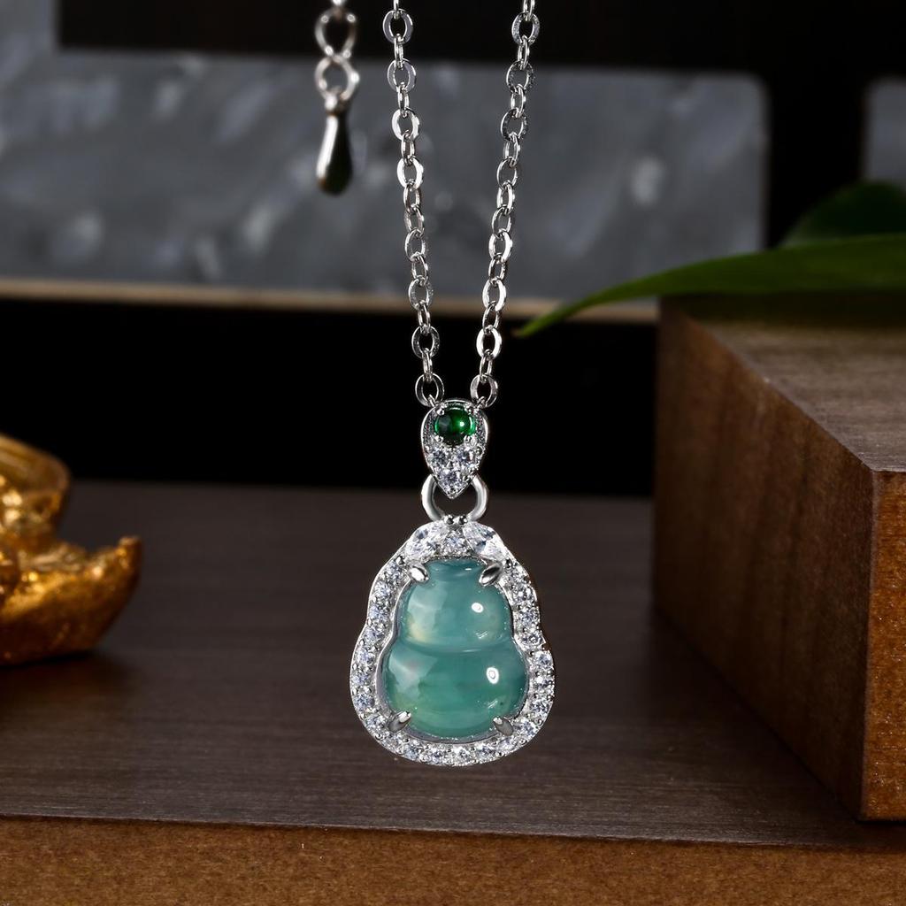 Burmese Blue Water Jade Gourd Pendant Necklace with S925 Silver - Chinese Style for Women