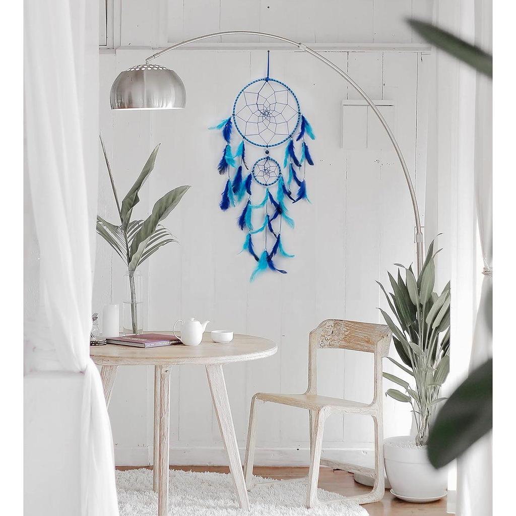 Catchers Wall Hangings, Home Décor, Handmade Dreamcatcher for Bedroom, Balcony, Garden, Party, Café, Small Ring Beaded Blue & Light Blue Feathers