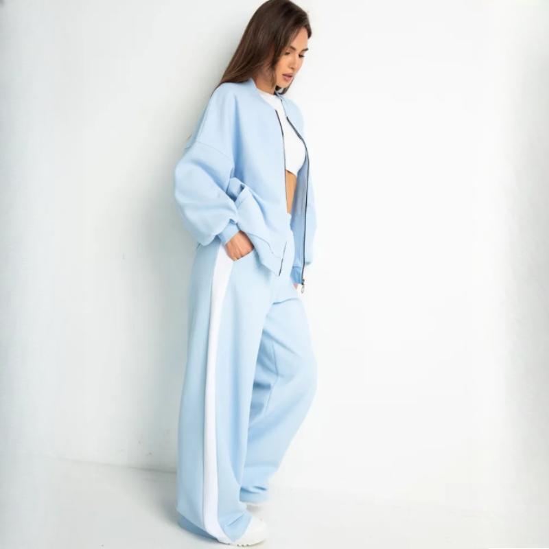 Women's Autumn 2-Piece Sportswear Set - Casual Long Sleeve Zip-Up Baseball Jacket & Solid Color Trousers