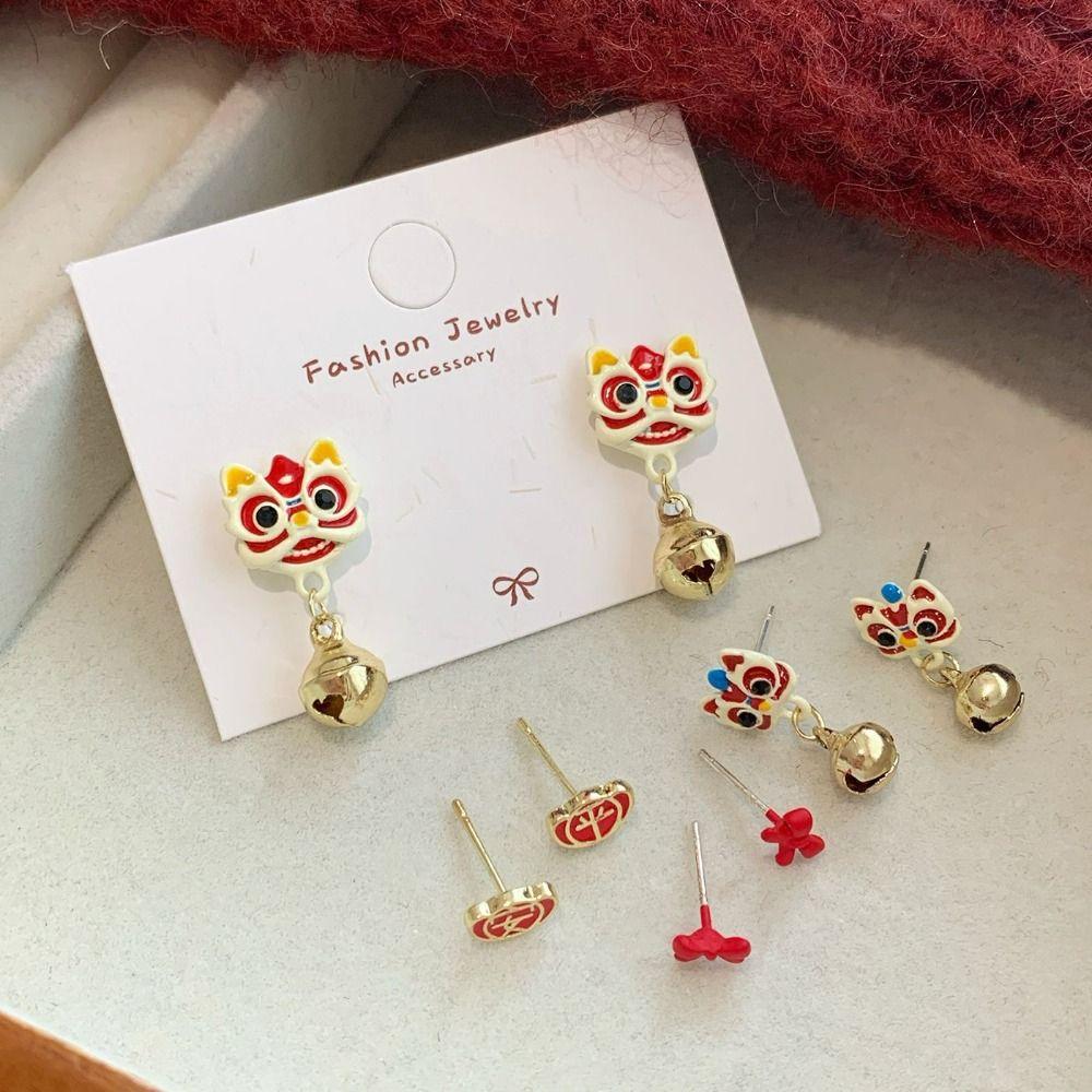 Good Luck Lion Dance Earrings Set Tassel New Year Earrings Trendy Bell Ear Studs  Ear Accessories