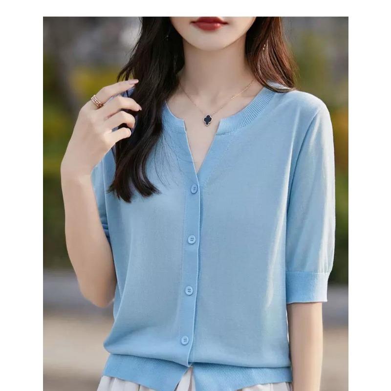 Women's V-Neck Half Button-Down Three-Quarter Sleeve Knit Top Loose Fit Casual Commute Top