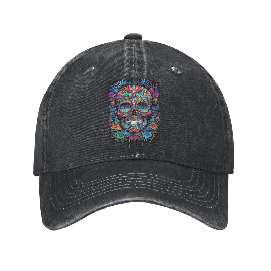 Mexican Skull Calavera Illustration Washed Denim Cap Casual Baseball Caps Adjustable Hat Summer Unisex Baseball Hats