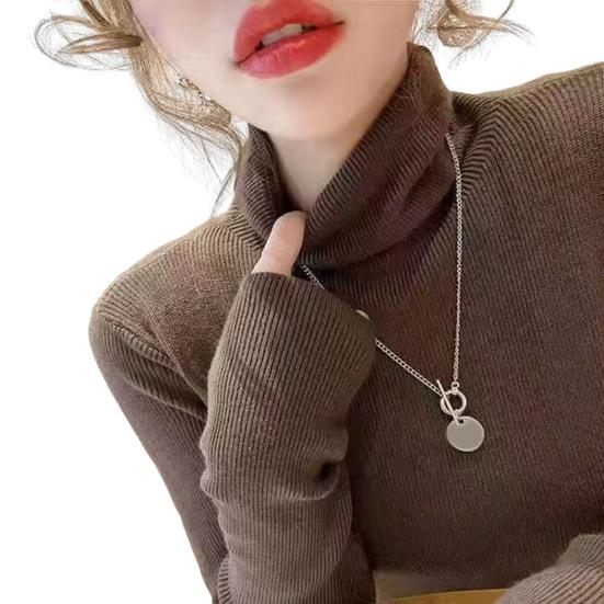 Women Sweater Turtleneck Long Sleeve Solid Color Bottom Tops High Elasticity Regular Fit Knitting Tops Knitwear