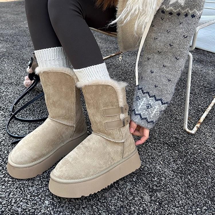 Mattes Leder Schneestiefel mit dicker Sohle Damen 2025 Winter neue vielseitige erhöhende gefütterte verdickte warme kurze Stiefel Schnee Baumwollstiefel