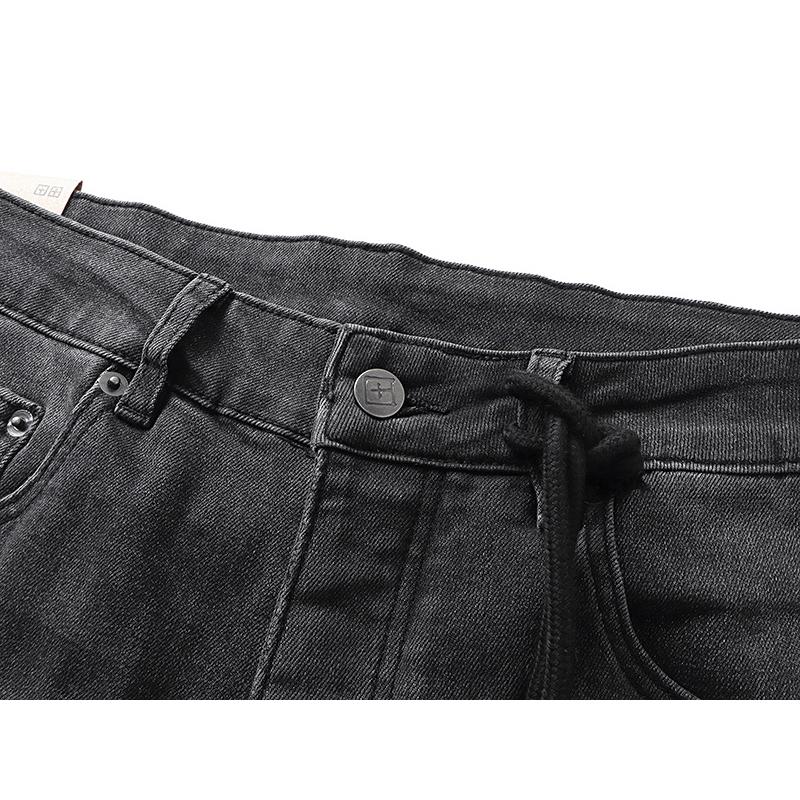 Men's Black Washed Distressed Straight Leg Jeans, Ripped Patchwork Denim Pants