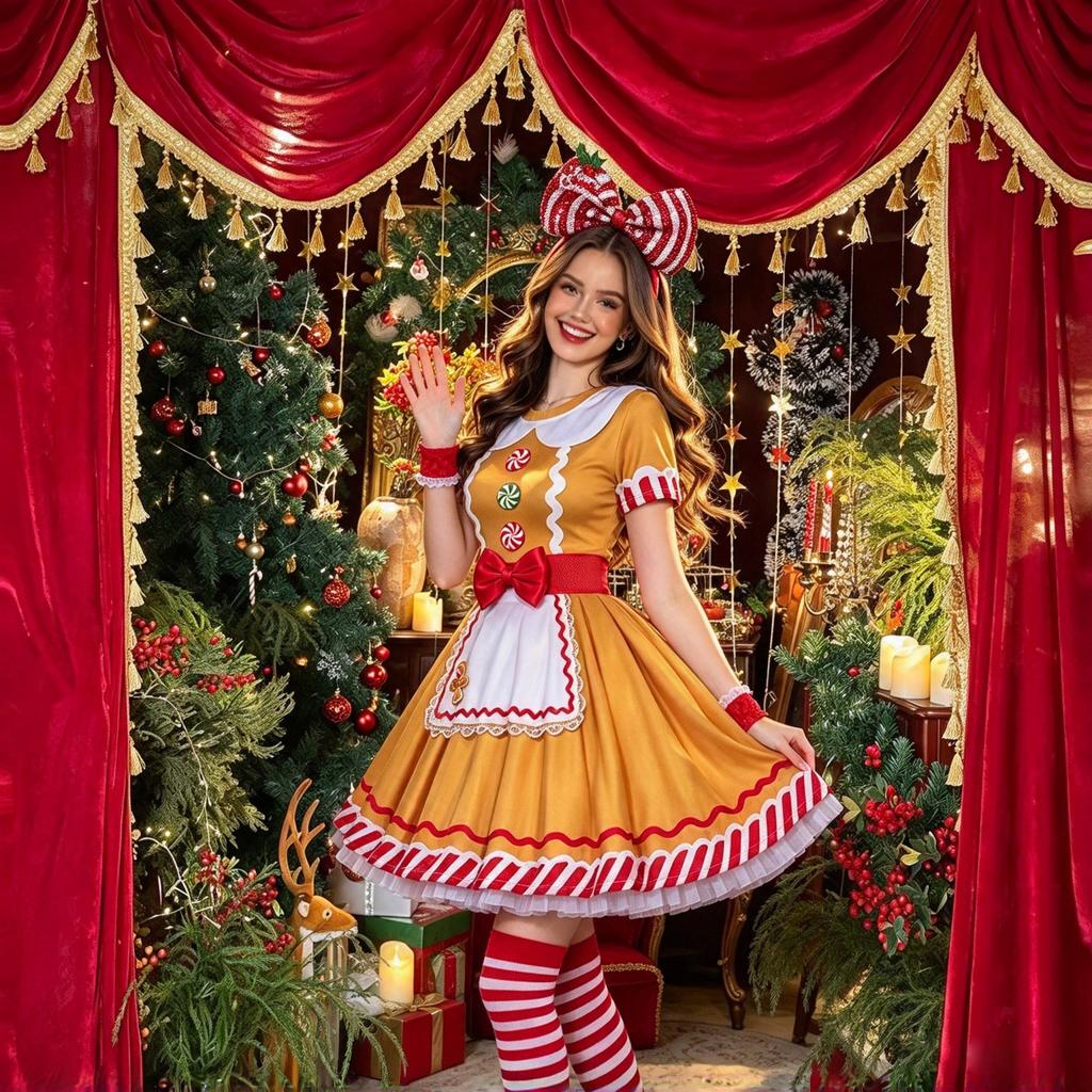Yixiaoyi Gingerbread Man Dress Set Adult Christmas Cosplay Costume Polyester