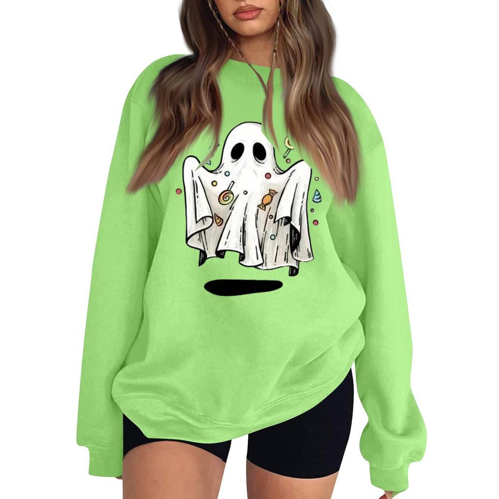 Women's Neck Long Sleeve Sweatshirt Casual Loose Fit Color Pullover with Halloween Print