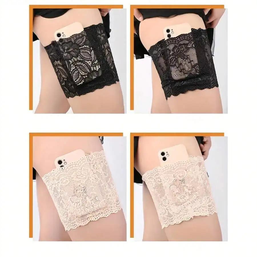 Eleganter Spitzen-Strumpfhaltergürtel für Damen, Verstellbares Kniehoch-Strumpfzubehör mit Silikon-Anti-Rutsch-Handytasche