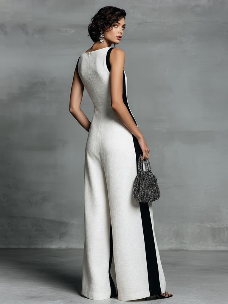 Women's Fashion Black and White Cotton Linen Color Block Spaghetti Strap Jumpsuit