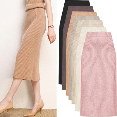 Women's High Waist Medium-Length Wool Knit Skirt - Large Size, Thick Ribbed, Winter No-Slit Design.
