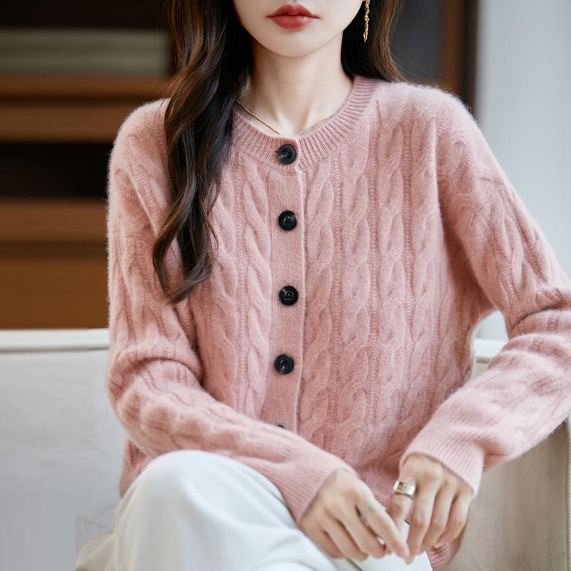 Women's Thickened Pure Wool Cardigan - Versatile Round Neck Cable Knit Sweater Jacket