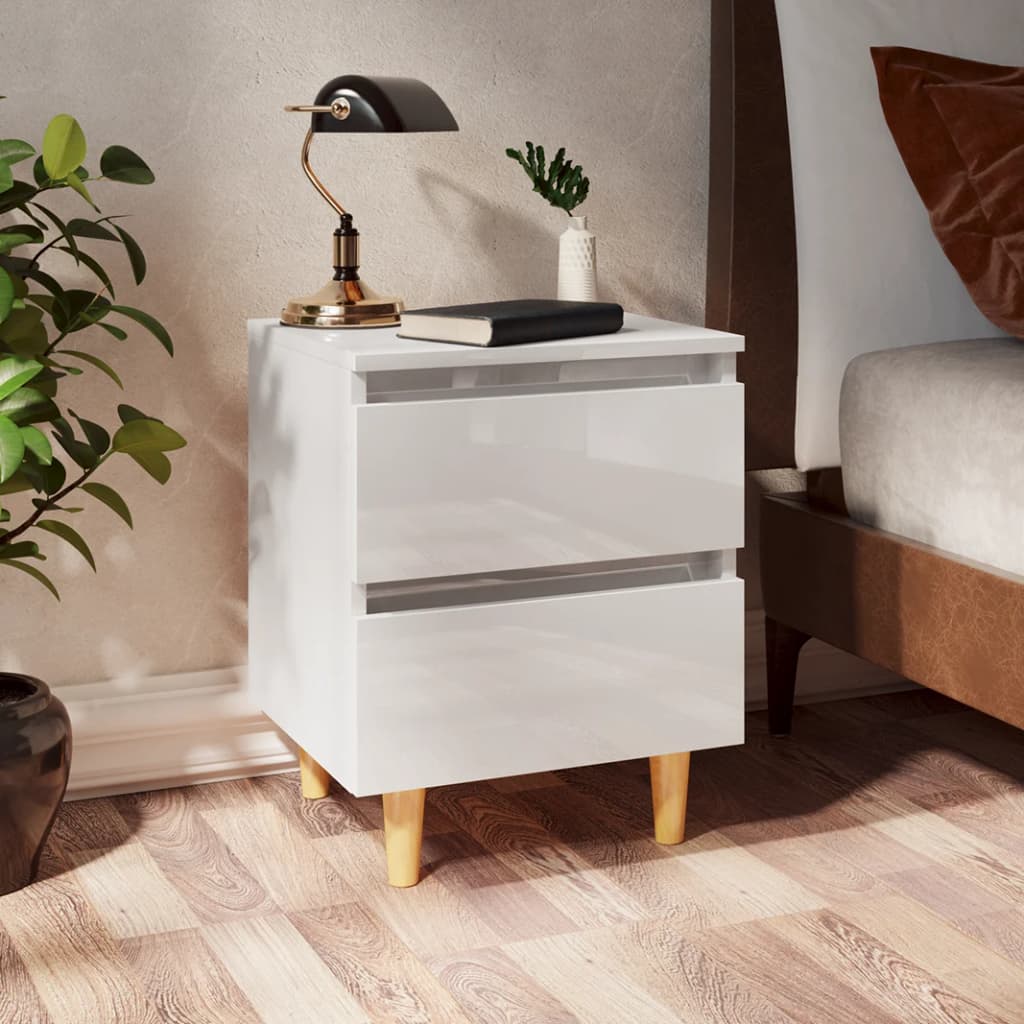 Nightstands 2 pcs with Pine Wood Legs High Gloss White