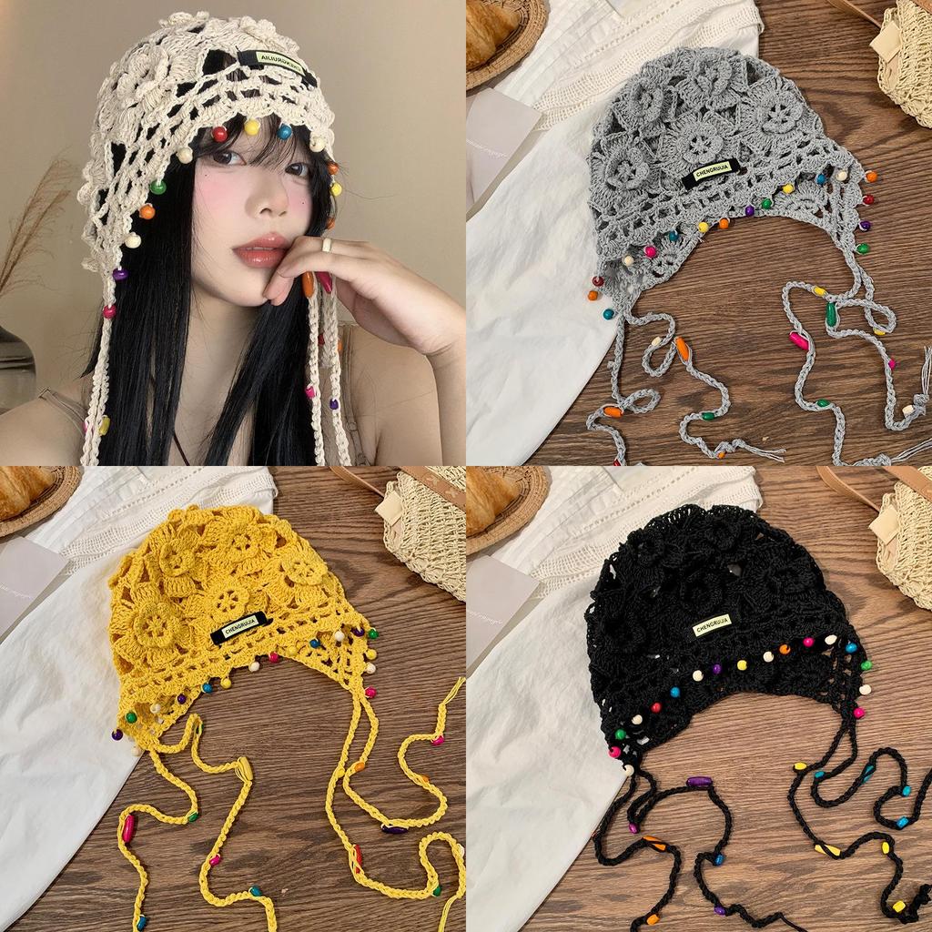 Elegant Bohemian Floral Tassel Crochet Beanie For Women Vintage Hollow Knit Cap