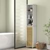 Bathroom column, bathroom storage unit with bamboo slatted door and open compartments, white