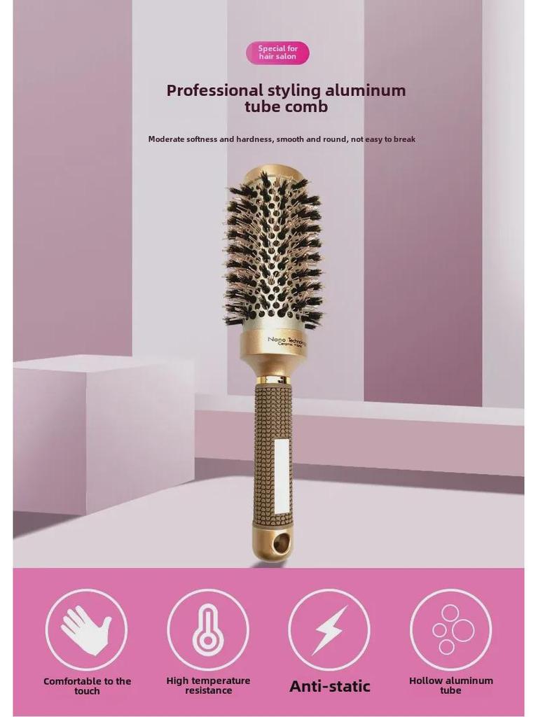 4-Piece Hair Styling Set: Ceramic & Pig Bristle Curler, Thermal Roller Comb, Aluminum Tube Comb.