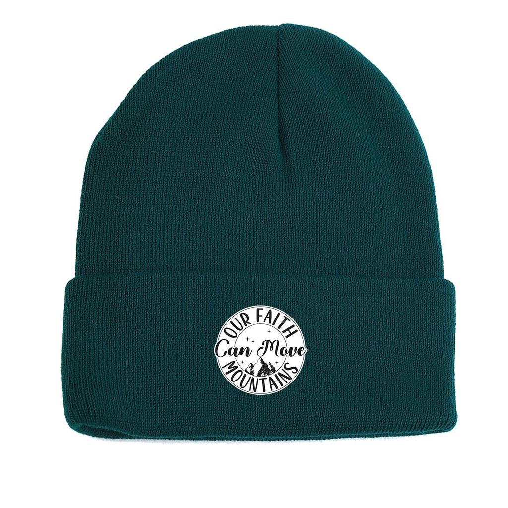 FAITH MOVE MOUNTAINS" Print Knitted Hat Beanie, Text Skullies Beanies Fit Thermal Headwear Pompom Beanies Knit Cap Beanie