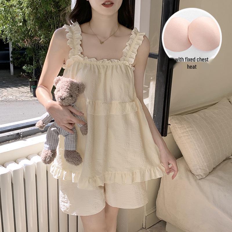 2026 Summer Women's Pajama Set: Princess Style Cloud Cotton Camisole with Built-in Bra