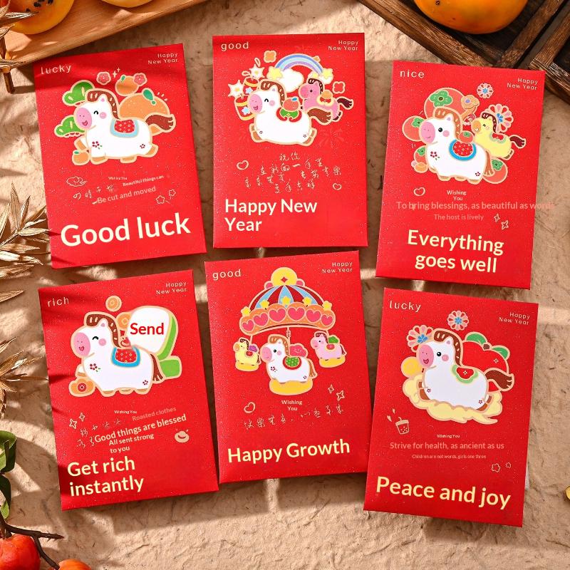 Traditional 2026 Horse Year Hongbao, Spring Festival Money Pouch, 6pcs Chinese New Year Red Lucky Packet