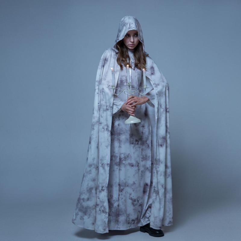 Halloween Costume Ghost Bride Dress Grey Cape Long Sleeve Dress Ghost Cosplay Dress