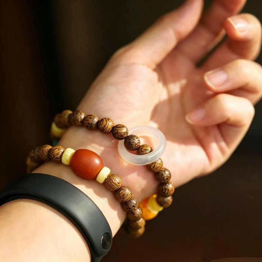 Exquisite Ethnic Sandalwood & Beeswax Chalcedony Buddhist Beads Bracelet