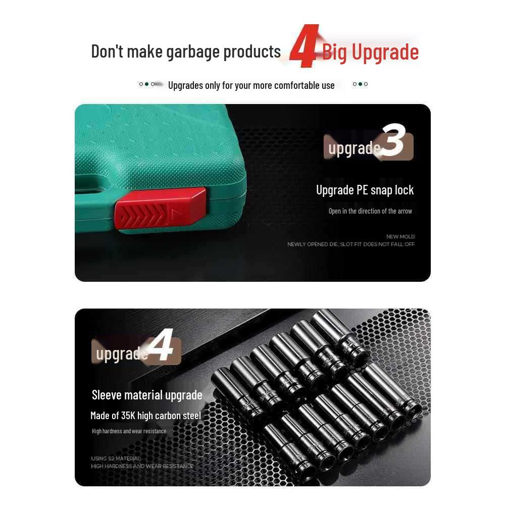 Extended Electric Socket Wrench Set with Large, Medium & Small Hexagonal Air Gun Heads for Auto Repair