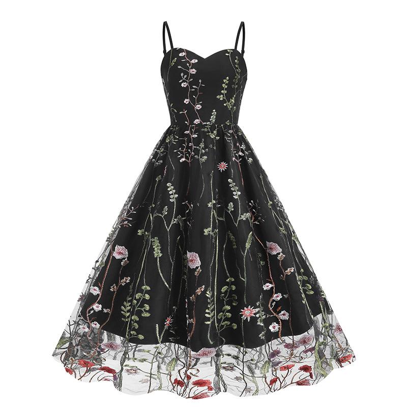 

GMXIA Платье Ремень Вышивка Сетка Лоскутное Винтажное Платье XXL чёрный