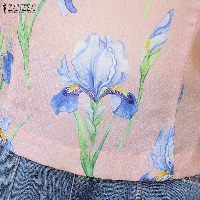 ZANZEA Women Casual V-Neck Short Sleeve Print Blouse